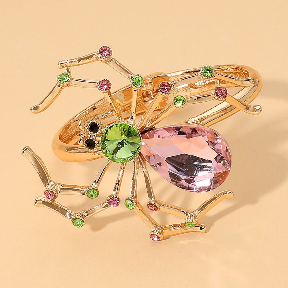 Pink Green Spider Halloween Rhinestone Crystal Statement Bracelet Hinged Bangle